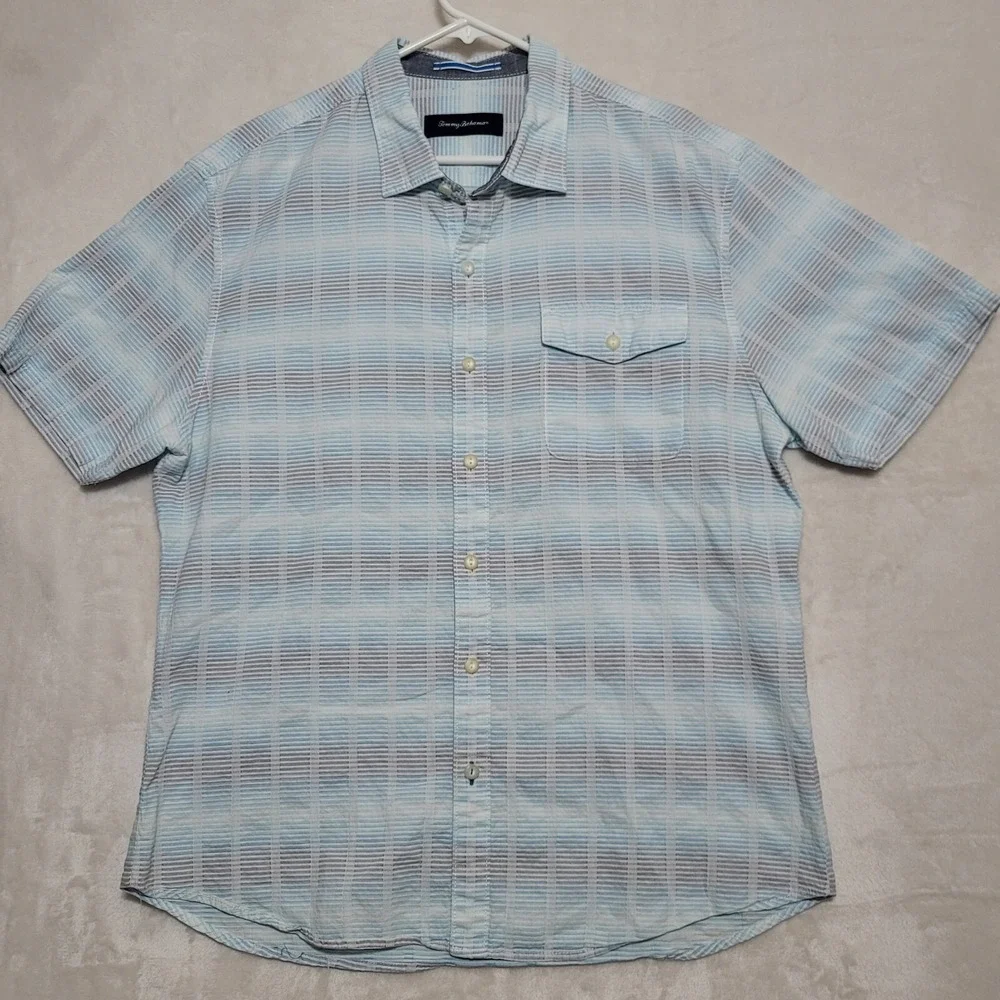 Tommy Bahama Mens Shirt XL Button Up Blue Green Textured Short Sleeve